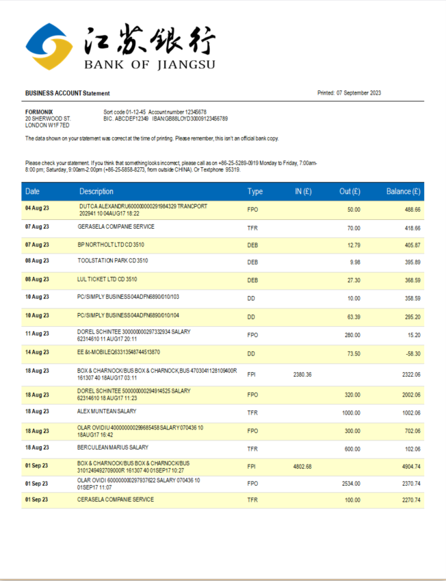 Modèle Word et PDF de relevé de compte d'entreprise de la Banque du Jiangsu